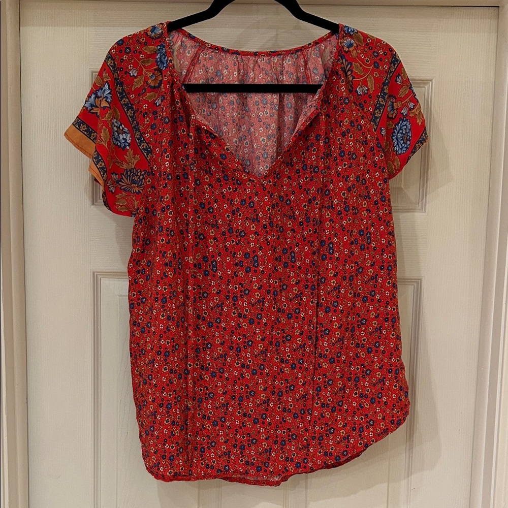 SHEIN Curve Red and Blue Floral Blouse 0XL